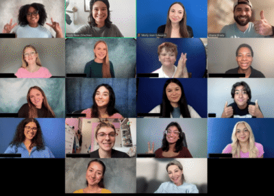 Collage of happy faces in a meeting